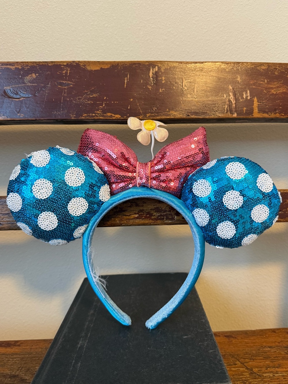 Disney Parks Minnie Mouse Ears Sequined Headband Blue Polka Dot Pink Bow Mickey - Picture 4 of 6